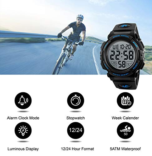 Reloj deportivo digital para hombre, para uso al aire libre o al hacer ejercicio, resistente al agua a 5 ATM y de estilo militar, LED y alarma.