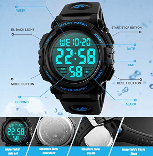 Reloj deportivo digital para hombre, para uso al aire libre o al hacer ejercicio, resistente al agua a 5 ATM y de estilo militar, LED y alarma.