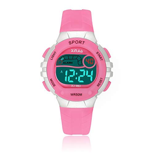 Reloj Digital para Niña Niño,Chicos Chicas 50M(5ATM) Impermeabl Deportes al Aire Libre LED Multifuncionales Relojes de Pulsera con Alarma para Niños,Niñas,Estudiantes (Rosa)