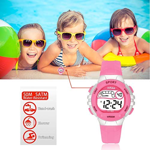 Reloj Digital para Niña Niño,Chicos Chicas 50M(5ATM) Impermeabl Deportes al Aire Libre LED Multifuncionales Relojes de Pulsera con Alarma para Niños,Niñas,Estudiantes (Rosa)