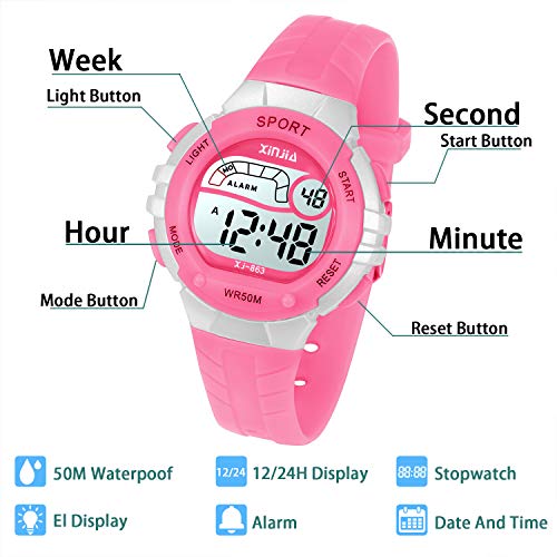 Reloj Digital para Niña Niño,Chicos Chicas 50M(5ATM) Impermeabl Deportes al Aire Libre LED Multifuncionales Relojes de Pulsera con Alarma para Niños,Niñas,Estudiantes (Rosa)