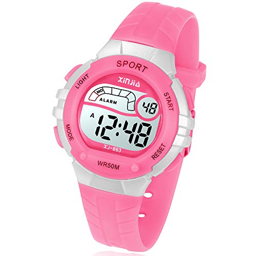 Reloj Digital para Niña Niño,Chicos Chicas 50M(5ATM) Impermeabl Deportes al Aire Libre LED Multifuncionales Relojes de Pulsera con Alarma para Niños,Niñas,Estudiantes (Rosa)