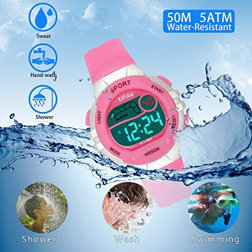 Reloj Digital para Niña Niño,Chicos Chicas 50M(5ATM) Impermeabl Deportes al Aire Libre LED Multifuncionales Relojes de Pulsera con Alarma para Niños,Niñas,Estudiantes (Rosa)