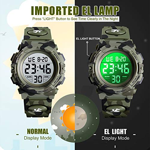 Reloj digital para niños, Chico Relojes deportivos impermeables para niño con alarma/cronómetro/12-24 h, Relojes de pulsera para niños jóvenes adolescentes LED electrónico - Camuflaje