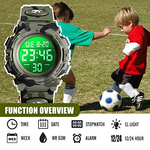 Reloj digital para niños, Chico Relojes deportivos impermeables para niño con alarma/cronómetro/12-24 h, Relojes de pulsera para niños jóvenes adolescentes LED electrónico - Camuflaje