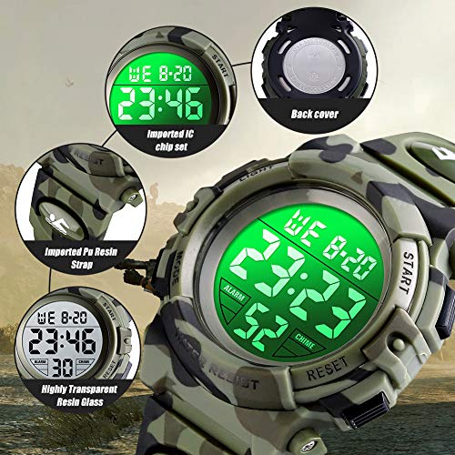 Reloj digital para niños, Chico Relojes deportivos impermeables para niño con alarma/cronómetro/12-24 h, Relojes de pulsera para niños jóvenes adolescentes LED electrónico - Camuflaje