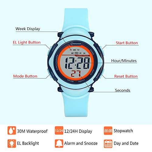 Reloj Digital para Niños Niña,Chicos Chicas 50M(5ATM) Impermeabl Deportes al Aire Libre LED Multifuncionales Relojes de Pulsera con Alarma