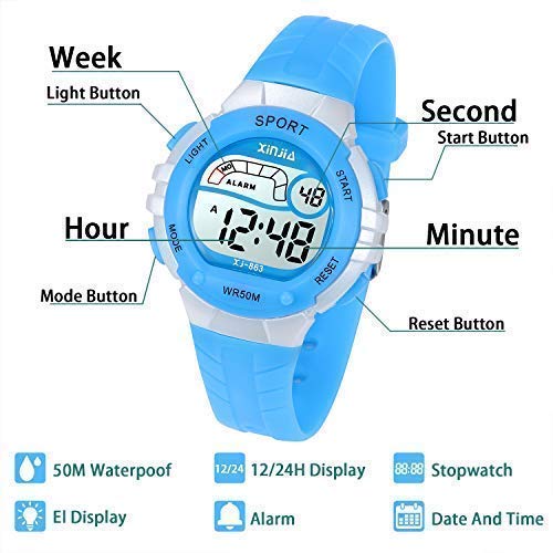 Reloj Digital para Niños Niña,Chicos Chicas 50M(5ATM) Impermeabl Deportes al Aire Libre LED Multifuncionales Relojes de Pulsera con Alarma para Niños,Niñas(Azul)