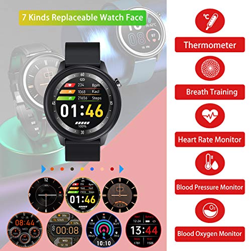 Reloj Inteligente de Temperatura Pantalla Táctil Completa de 1,3 Pulgadas Smartwatch Prueba de Agua IP68 con Monitor Frecuencia Cardíaca Aviso Mensaje Monitor Sueño Pantalla Meteorológica Podómetro