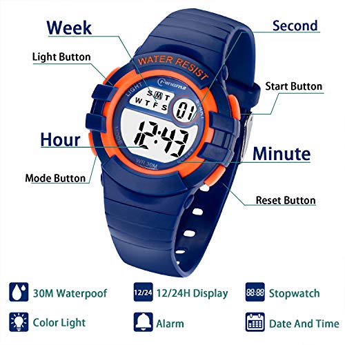 Reloj Niños Digital,Reloj de Pulsera Niña Multifunción con Pantalla LED Impermeable para Niños, Niñas Reloj Infantil Aprendizaje para Niños 4-15 Años (Azul Oscuro)