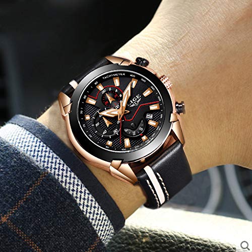 Reloj para Hombres, Relojes Deportivo de Cuarzo analógico Impermeable para Hombre Relojes LIGE Lujoso Cronógrafo para Hombre, Moda Casual Reloj Redondo Negro Fecha