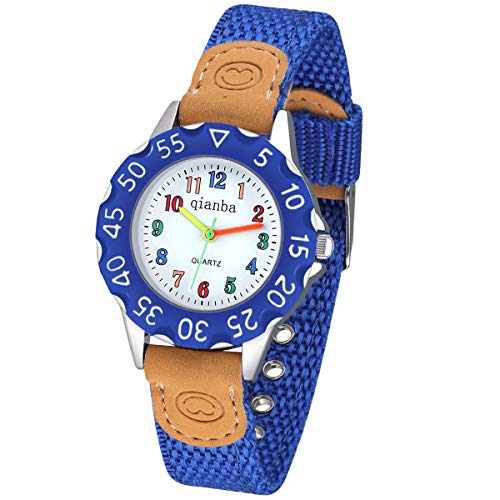 Reloj para Niñas Niños,Reloj Analógico Impermeable de Cuarzo al Agua con Correa de Nylon Colorido Mango con Número Reloj de Aprendizaje de Fácil Lectura para Niños (Azul Oscuro)