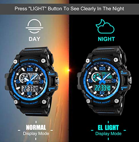 Relojes deportivos para hombre, resistente al agua digital militares relojes con cuenta atrás/Temporizador para los hombres niños grandes,LED de analógico relojes de pulsera para hombre – azul BHGWR