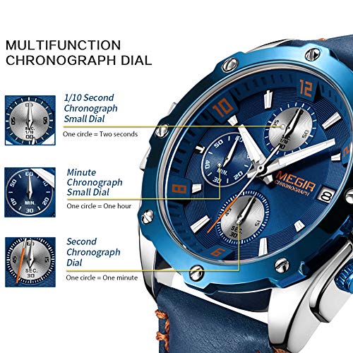 Relojes Hombres Cronógrafo Analógico Cuarzo Reloj Impermeable Deporte Reloj (Azul)