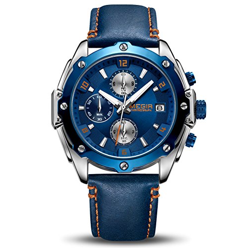 Relojes Hombres Cronógrafo Analógico Cuarzo Reloj Impermeable Deporte Reloj (Azul)