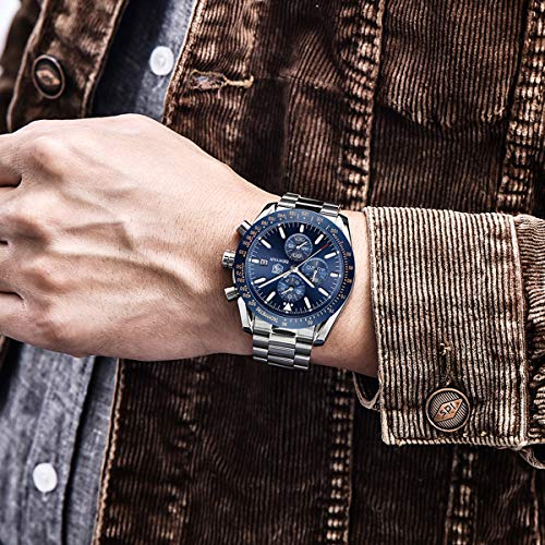 Relojes para Hombre BENYAR Cronografo Movimiento Cuarzo Relojes de Pulsera de Acero Inoxidable 3AMT Impermeable Diseño Casual de Negocios Regalo Elegante