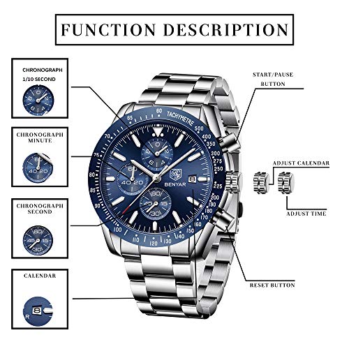 Relojes para Hombre BENYAR Cronografo Movimiento Cuarzo Relojes de Pulsera de Acero Inoxidable 3AMT Impermeable Diseño Casual de Negocios Regalo Elegante Relojes para Hombre BENYAR Cronografo Movimiento Cuarzo Relojes de Pulsera de Acero Inoxidable 3AMT Impermeable Diseño Casual de Negocios Regalo Elegante