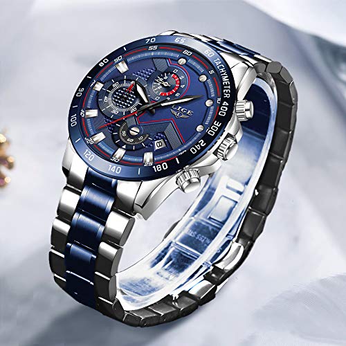 Relojes para Hombres,LIGE Acero Inoxidable Cronógrafo Deportivo Relojes analógico de Cuarzo Impermeable Fecha Moda Casual Lujo Relojes de Pulsera Oro Plata