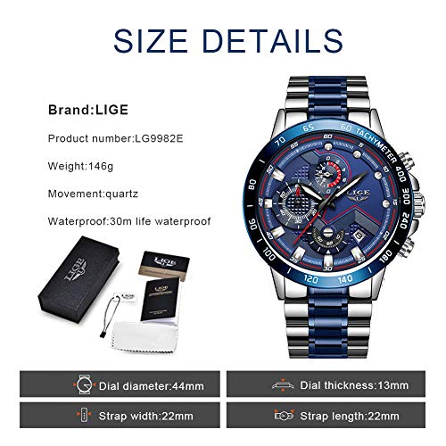 Relojes para Hombres,LIGE Acero Inoxidable Cronógrafo Deportivo Relojes analógico de Cuarzo Impermeable Fecha Moda Casual Lujo Relojes de Pulsera Oro Plata