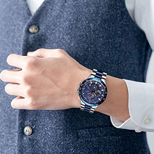 Relojes para Hombres,LIGE Acero Inoxidable Cronógrafo Deportivo Relojes analógico de Cuarzo Impermeable Fecha Moda Casual Lujo Relojes de Pulsera Oro Plata