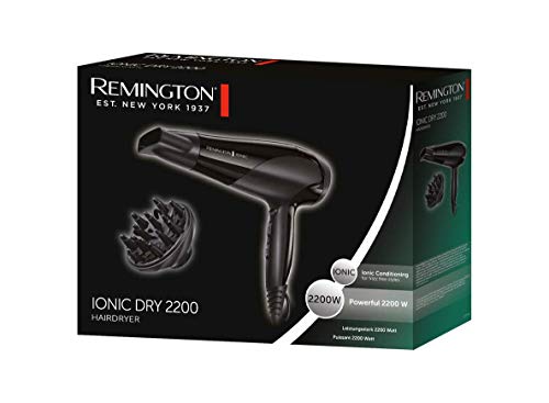 Remington Ionic Dry 2200 - Secador de Pelo, Secador Iónico, Concentrador y Difusor, 2200 W, Negro, D3198