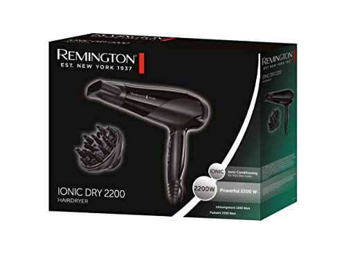 Remington Ionic Dry 2200 - Secador de Pelo, Secador Iónico, Concentrador y Difusor, 2200 W, Negro, D3198 Remington Ionic Dry 2200 - Secador de Pelo, Secador Iónico, Concentrador y Difusor, 2200 W, Negro, D3198