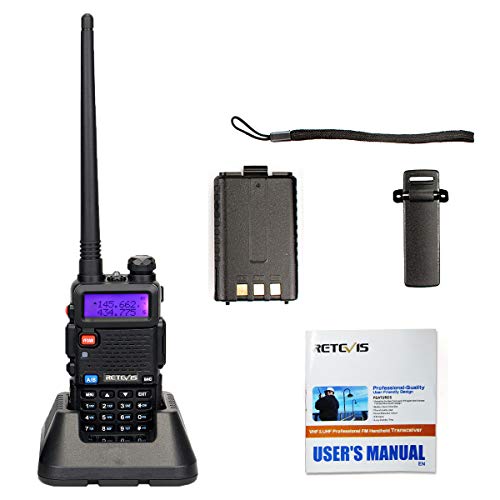 Retevis RT5R Walkie Talkie, 128 Canales Walkie Talkie Doble Banda Recargable, Transceptor de Mano con Radio FM, Portátil 2m / 70cm Radio de 2 Vías para Caza, Radioaficionado (Negro, 1 Pieza)