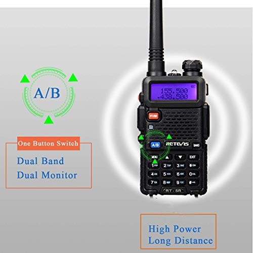 Retevis RT5R Walkie Talkie, 128 Canales Walkie Talkie Doble Banda Recargable, Transceptor de Mano con Radio FM, Portátil 2m / 70cm Radio de 2 Vías para Caza, Radioaficionado (Negro, 1 Pieza)