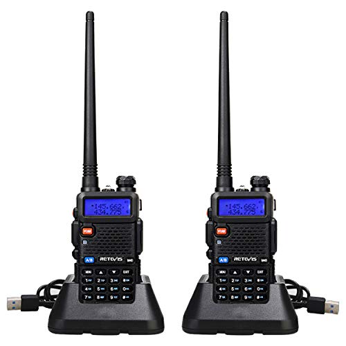 Retevis RT5R Walkie Talkie Professional, Banda Dual Largo Alcance 2 Vías Radio con Cargador de USB, 128 Canales Radio VOX FM Transceptor Portátil de Mano para Almacén, Caza (Negro, 2 Piezas)