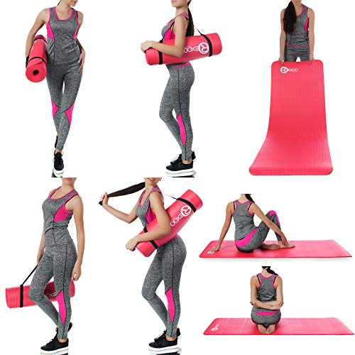 REXOO Esterilla Yoga Antideslizante Alfombrilla de Yoga Esterilla Pilates Esterilla Deporte, Fitness y Entrenamiento, con Correa de Hombro 183cm x 61cm 1,0cm, Color: Rojo