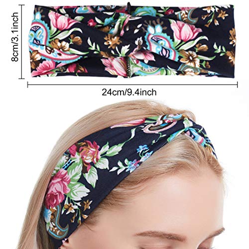 REYOK 4 Piezas Boho Botones Nudo Diademas Retorcido Criss Cross Banda para el Cabello Para Mujer Turbante Bohemia Elástica De Estampado De Flores Cinta Para El Pelo