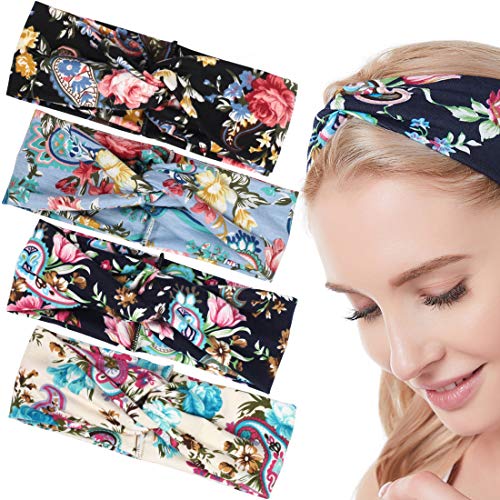 REYOK 4 Piezas Boho Botones Nudo Diademas Retorcido Criss Cross Banda para el Cabello Para Mujer Turbante Bohemia Elástica De Estampado De Flores Cinta Para El Pelo