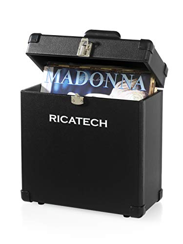 Ricatech RC0042 - Estuche de almacenamiento de vinilos, caja con bisagras de 12" para almacenar de discos, admite hasta 30 LPs y singles, Color Negro