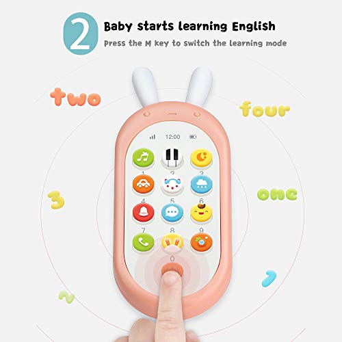 Richgv Juguetes Teléfono Bilingüe, Mando a Distancia Conejo, Juguete Electrónico Bebé，Teléfono Infantil con Luces, Sonidos y Canciones en Inglés (Rosa)…