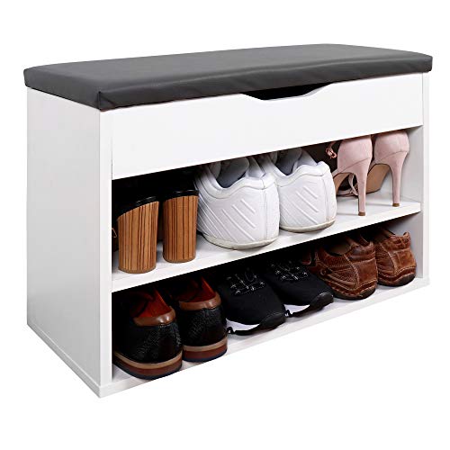 RICOO WM032-W-A Banco Zapatero 60x42x30cm Armario Interior con Asiento Organizador Zapatos Mueble recibidor Perchero Entrada Madera Blanco