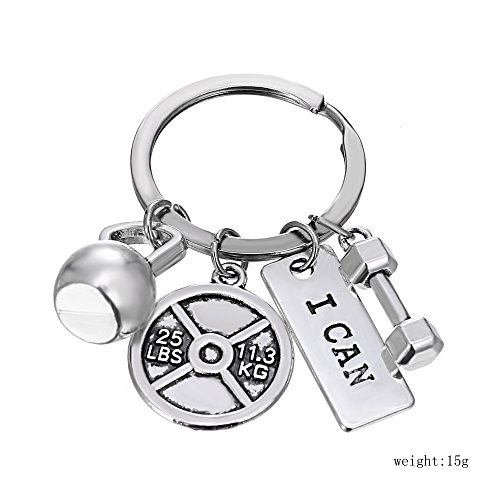 Rinhoo Llavero unisex de acero inoxidable de levantamiento de peso, gimnasio, con frases, entrenamiento, disco de peso, barra, mancuerna, llavero con colgantes relacionados con el ejercicio Rinhoo Llavero unisex de acero inoxidable de levantamiento de peso, gimnasio, con frases, entrenamiento, disco de peso, barra, mancuerna, llavero con colgantes relacionados con el ejercicio
