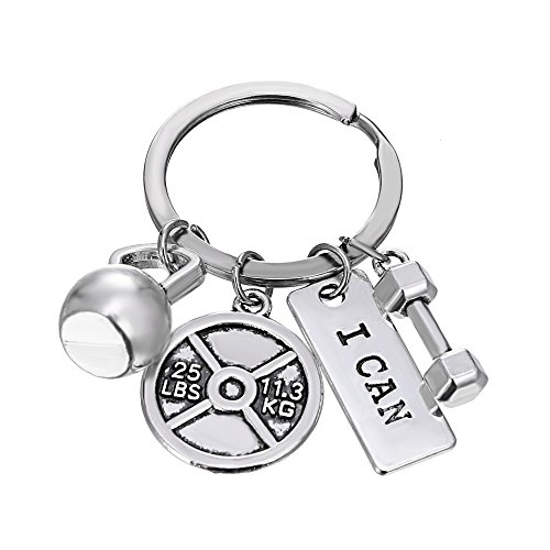 Rinhoo Llavero unisex de acero inoxidable de levantamiento de peso, gimnasio, con frases, entrenamiento, disco de peso, barra, mancuerna, llavero con colgantes relacionados con el ejercicio Rinhoo Llavero unisex de acero inoxidable de levantamiento de peso, gimnasio, con frases, entrenamiento, disco de peso, barra, mancuerna, llavero con colgantes relacionados con el ejercicio