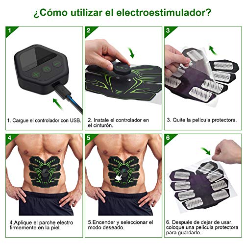 RIRGI Electroestimulador Muscular Abdominales,Electroestimulador Muscular USB Recargable, 6 Modos y 10 Niveles de Intensidad para Abdomen/Cintura/Pierna/Brazo (Incluyendo 12PCS Reemplazo Gel Pad)