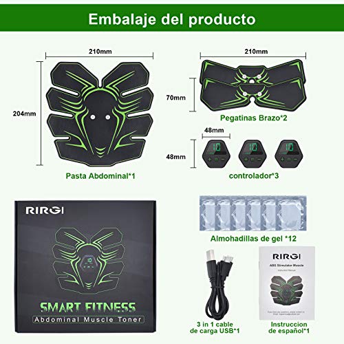 RIRGI Electroestimulador Muscular Abdominales,Electroestimulador Muscular USB Recargable, 6 Modos y 10 Niveles de Intensidad para Abdomen/Cintura/Pierna/Brazo (Incluyendo 12PCS Reemplazo Gel Pad) RIRGI Electroestimulador Muscular Abdominales,Electroestimulador Muscular USB Recargable, 6 Modos y 10 Niveles de Intensidad para Abdomen/Cintura/Pierna/Brazo (Incluyendo 12PCS Reemplazo Gel Pad)