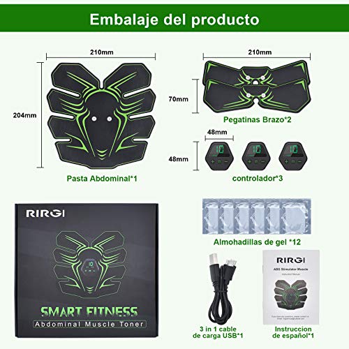 RIRGI Electroestimulador Muscular Abdominales,Electroestimulador Muscular USB Recargable, 6 Modos y 10 Niveles de Intensidad para Abdomen/Cintura/Pierna/Brazo (Incluyendo 12PCS Reemplazo Gel Pad)