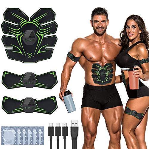 RIRGI Electroestimulador Muscular Abdominales,Electroestimulador Muscular USB Recargable, 6 Modos y 10 Niveles de Intensidad para Abdomen/Cintura/Pierna/Brazo (Incluyendo 12PCS Reemplazo Gel Pad)