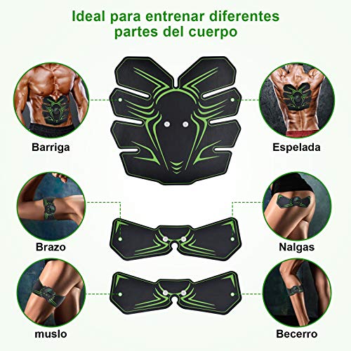 RIRGI Electroestimulador Muscular Abdominales,Electroestimulador Muscular USB Recargable, 6 Modos y 10 Niveles de Intensidad para Abdomen/Cintura/Pierna/Brazo (Incluyendo 12PCS Reemplazo Gel Pad)