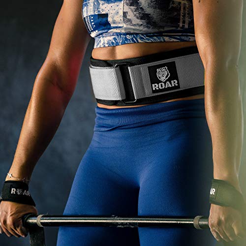 Roar® Cinturón Lumbar Gimnasio, Cinturon Gimnasio Hombre y Mujer, Cinturon Halterofilia, Powerlifting, Crossfit, Levantamiento Peso, Musculacion, Cinturon Gym Hombre, Cinturon Pesas (Gris, S)