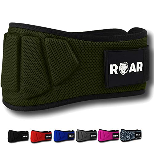 Roar® Cinturón Lumbar Gimnasio, Cinturon gimnasio hombre y mujer, Cinturon halterofilia, Powerlifting, Crossfit, Levantamiento Peso, Musculacion, Cinturon gym hombre, Cinturon pesas (Verde Militar, M)