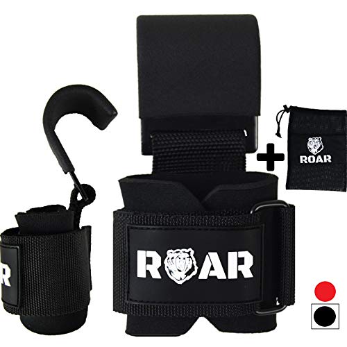 Roar® Ganchos de Metal para Levantamiento de Peso con Barra, Agarres para Gym, Agarraderas Gimnasio, Agarre Gimnasio, Correas de Agarre Gimnasio, Weightlifting Hooks, Straps (Negro)