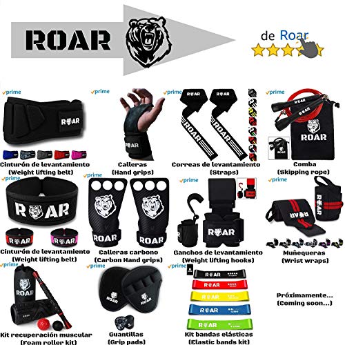 Roar® Ganchos de Metal para Levantamiento de Peso con Barra, Agarres para Gym, Agarraderas Gimnasio, Agarre Gimnasio, Correas de Agarre Gimnasio, Weightlifting Hooks, Straps (Rojo)