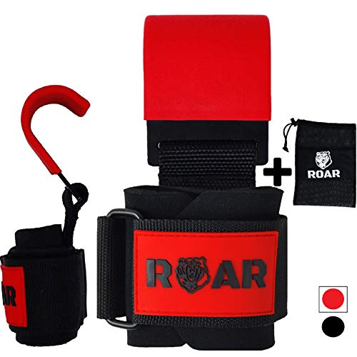 Roar® Ganchos de Metal para Levantamiento de Peso con Barra, Agarres para Gym, Agarraderas Gimnasio, Agarre Gimnasio, Correas de Agarre Gimnasio, Weightlifting Hooks, Straps (Rojo)