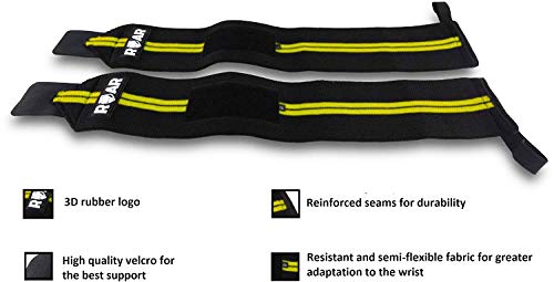 Roar® Muñequeras Deportivas, Muñequeras Crossfit Hombre y Mujer, Muñequeras Gym Hombre, Wrist Wraps, Muñequera Crossfit, Muñequeras Gimnasio, Calistenia, Musculacion, Halterofilia (Amarillo)