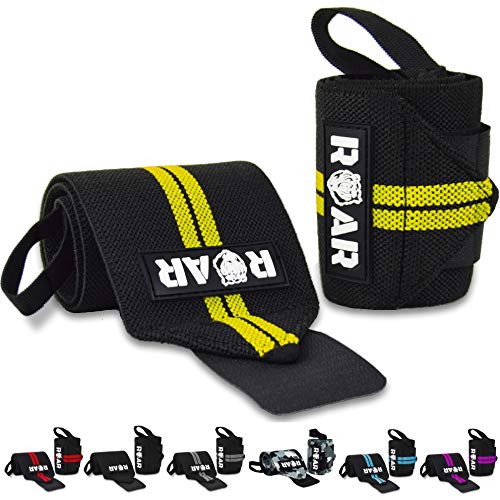 Roar® Muñequeras Deportivas, Muñequeras Crossfit Hombre y Mujer, Muñequeras Gym Hombre, Wrist Wraps, Muñequera Crossfit, Muñequeras Gimnasio, Calistenia, Musculacion, Halterofilia (Amarillo)