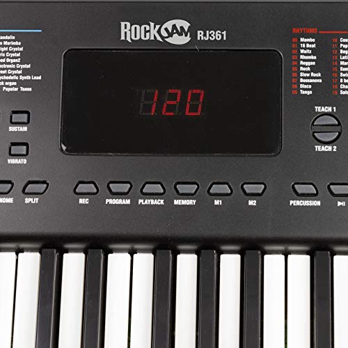 RockJam RJ361 - Teclado Electrónico Portátil de 61 Teclas con Pegatinas de Notas Clave, Fuente de Alimentación y Contenido de la Aplicación Simply Piano